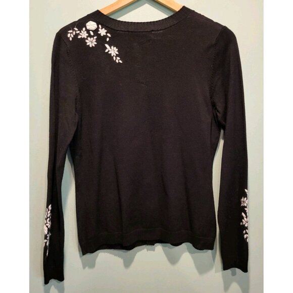 Vtg Black Ivory Floral Embroidered Rhinestone Cardigan Sweater Regencycore Sz M - Picture 6 of 9